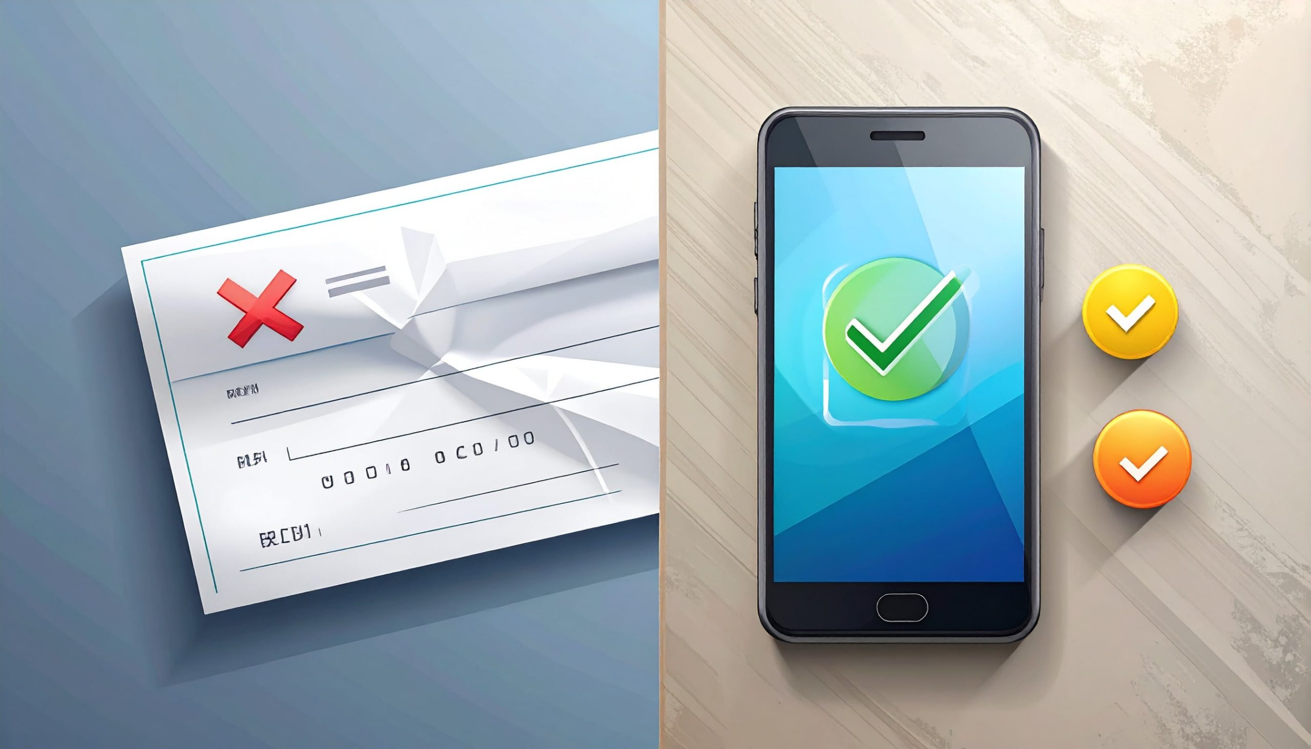 Split design showing a paper check on the right and a mobile app on the left